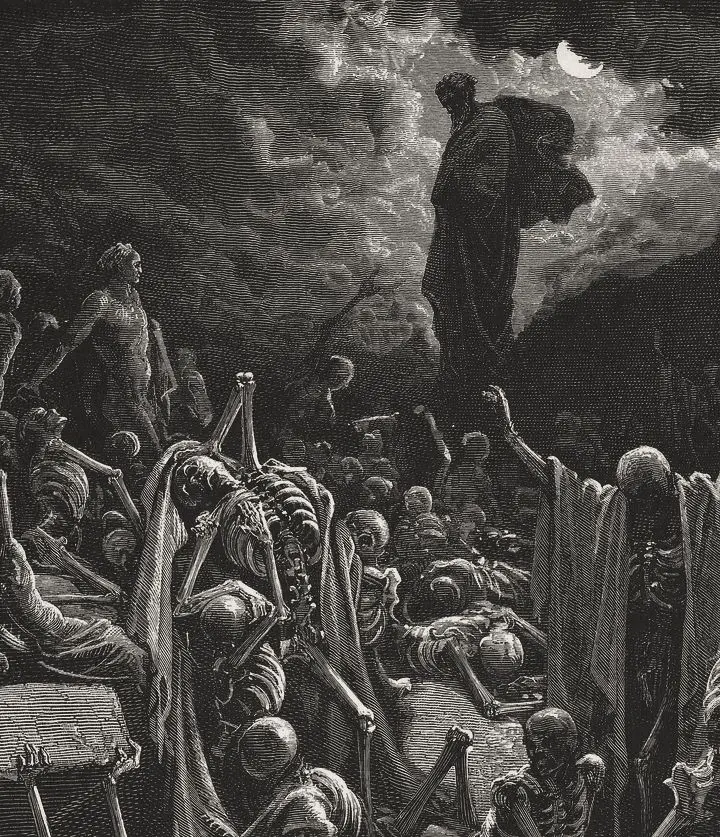 A visão de Ezequiel do vale de ossos secos (gravura de Gustave Doré)