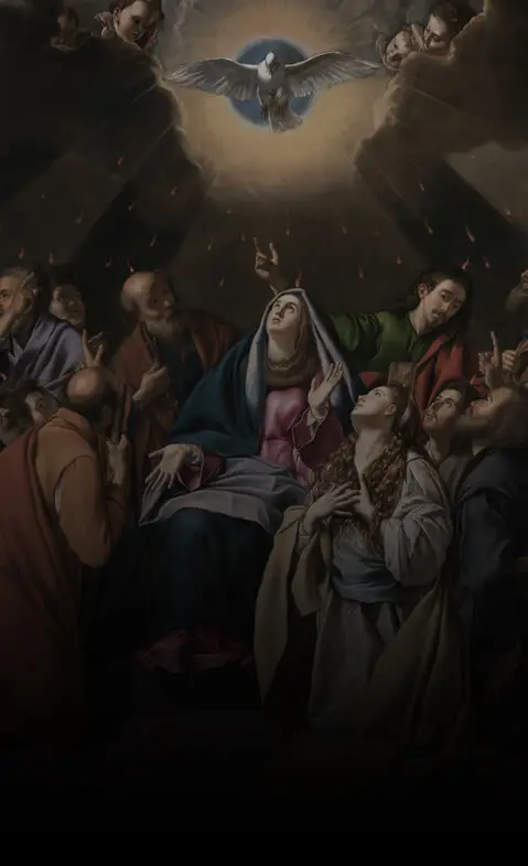 Pintura de Pentecostes: o Espírito Santo desce em forma de pomba sobre Maria e os apóstolos