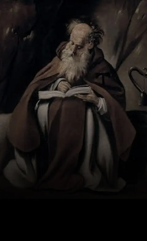 Pintura de um ancião de barba branca, envolto num manto, lendo um livro