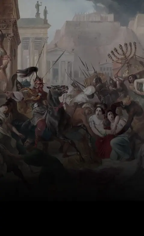 Pintura do saque de uma cidade antiga, com soldados a cavalo e um candelabro carregado