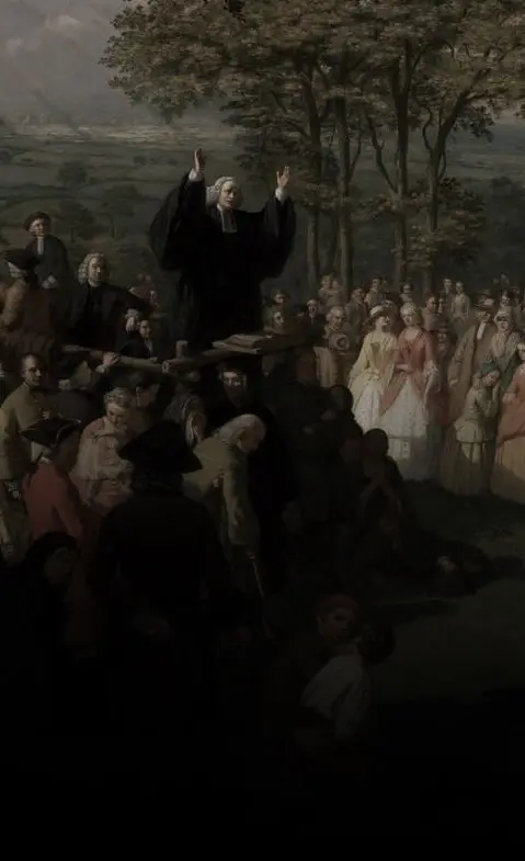 Pintura de um pregador ao ar livre, de braços erguidos, diante de uma multidão do século XVIII